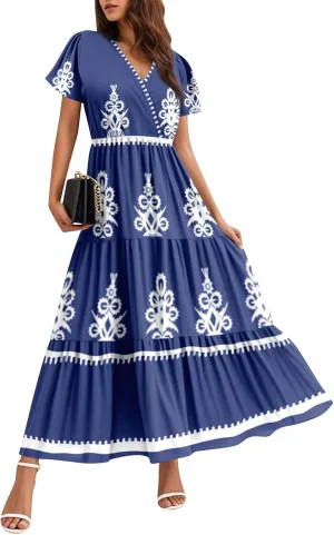 Summer Dresses for Women Boho Maxi Dresses Casual V Neck Short Sleeve A-line Empire Waist Long Flowy Beach Dress