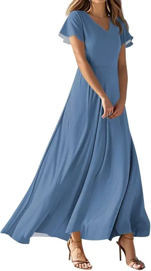 Summer Dresses for Women Elegant V-Neck Short Sleeve Long Maxi Dress Solid/Floral Printed Cocktail Party Dresses