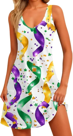 Summer Dresses for Women V Neck Sleeveless Dress with Pocket 2025 Beach Sundress Printed Casual Swimsuit Coverup