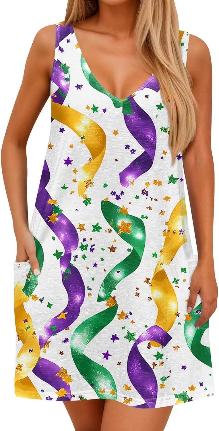 Summer Dresses for Women V Neck Sleeveless Dress with Pocket 2025 Beach Sundress Printed Casual Swimsuit Coverup
