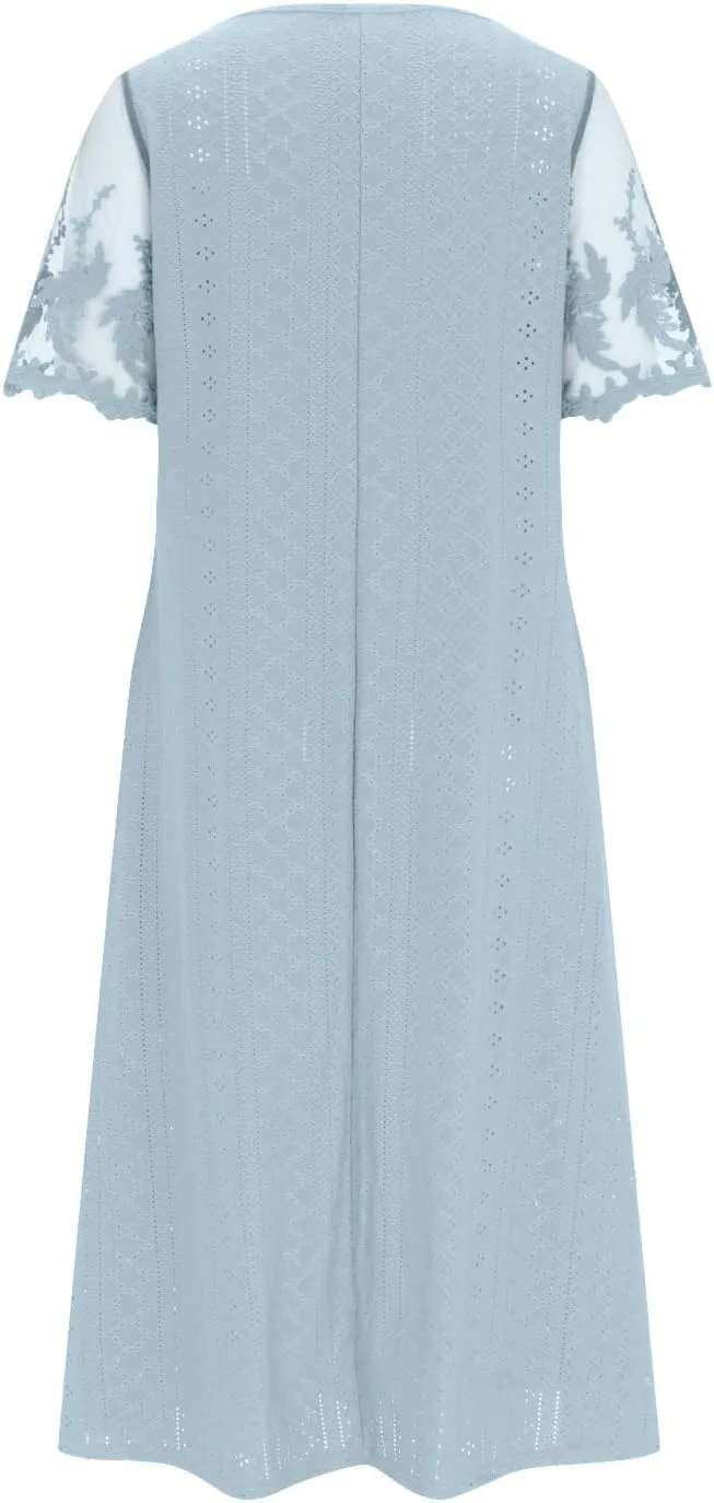 Summer Fashion Eyelets Midi Dress Women Lace Raglan Sleeve Pleated Flared Dresses Loose Casual Lounge Outfits