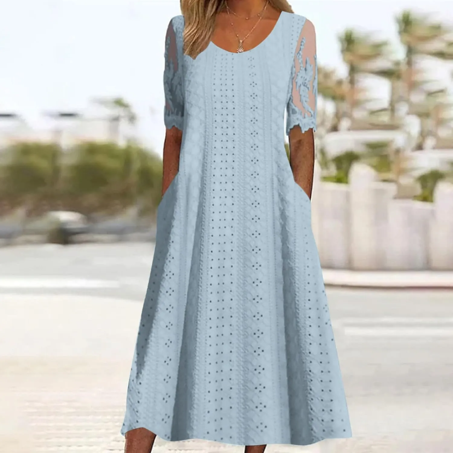 Summer Fashion Eyelets Midi Dress Women Lace Raglan Sleeve Pleated Flared Dresses Loose Casual Lounge Outfits