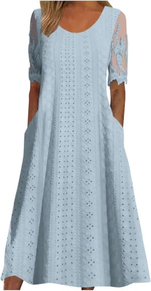 Summer Fashion Eyelets Midi Dress Women Lace Raglan Sleeve Pleated Flared Dresses Loose Casual Lounge Outfits