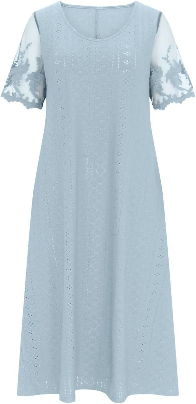 Summer Fashion Eyelets Midi Dress Women Lace Raglan Sleeve Pleated Flared Dresses Loose Casual Lounge Outfits