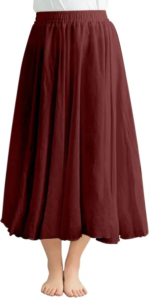 Summer Linen Skirts Solid Color Vintage Elastic Waist Pleated Ankle-Length Bohemian Skirt Casual Fashion Flowy Skort