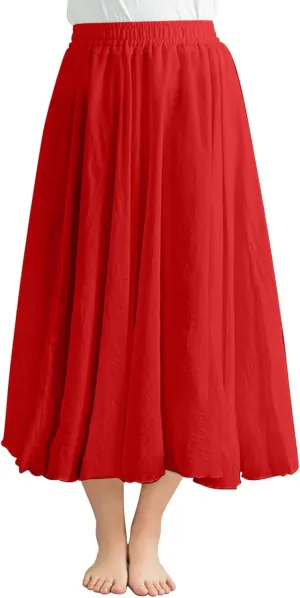 Summer Linen Skirts Solid Color Vintage Elastic Waist Pleated Ankle-Length Bohemian Skirt Casual Fashion Flowy Skort