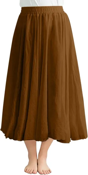 Summer Linen Skirts Solid Color Vintage Elastic Waist Pleated Ankle-Length Bohemian Skirt Casual Fashion Flowy Skort