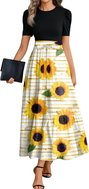 Summer Maxi Dress Church Dresses for Women 2025 Short Sleeve Crewneck Empire Waist Dress Aline Flowy Vacation Dresses