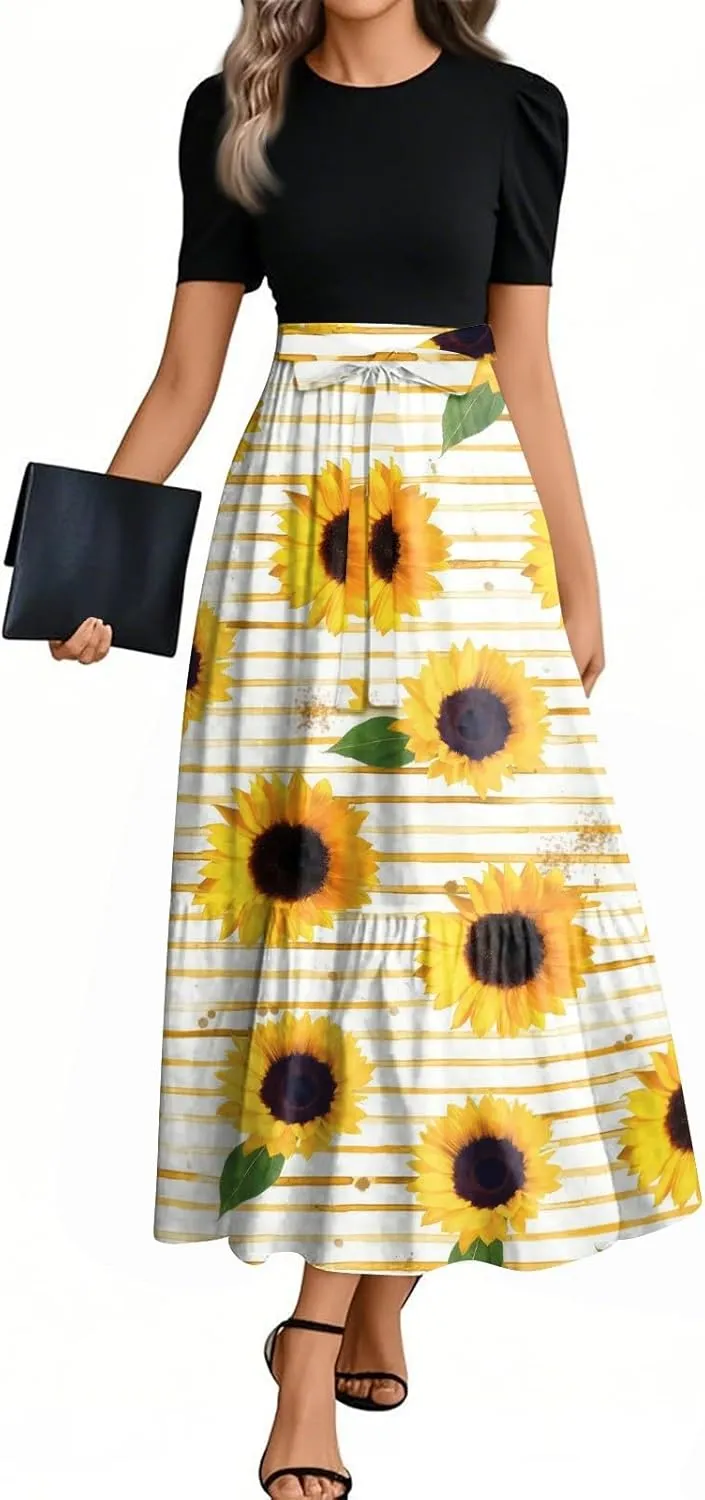 Summer Maxi Dress Church Dresses for Women 2025 Short Sleeve Crewneck Empire Waist Dress Aline Flowy Vacation Dresses