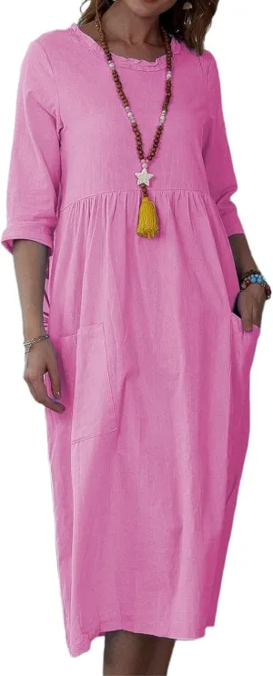 Summer Maxi Dresses for Women Casual Cotton Linen Long Dress Short Sleeve Loose Beach Sundress Tshirt Dress Pockets