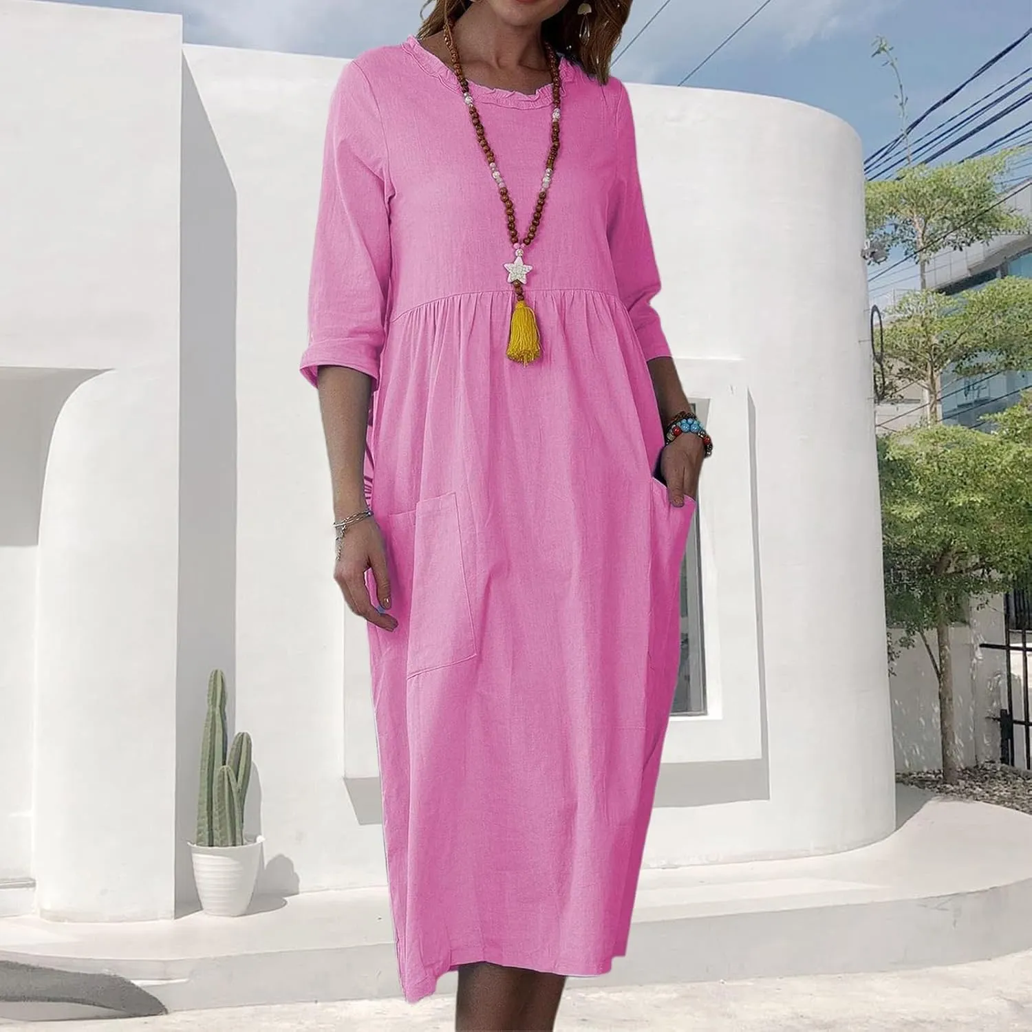 Summer Maxi Dresses for Women Casual Cotton Linen Long Dress Short Sleeve Loose Beach Sundress Tshirt Dress Pockets