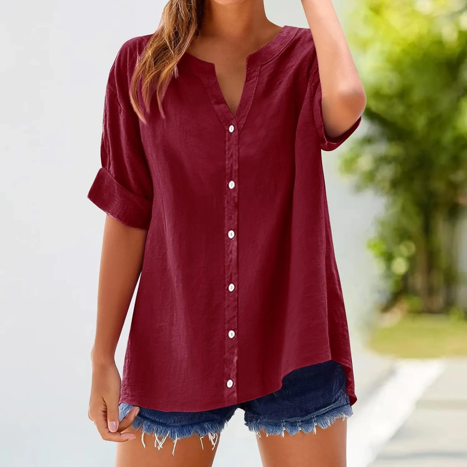 Summer Shirts for Women 2025 Linen Work Tops Trendy Button Down Henley V Neck Shirt Solid Casual Blouses Daily Clothes