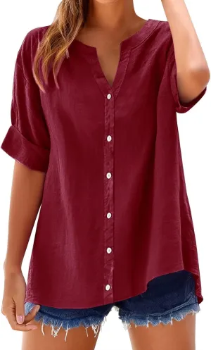 Summer Shirts for Women 2025 Linen Work Tops Trendy Button Down Henley V Neck Shirt Solid Casual Blouses Daily Clothes