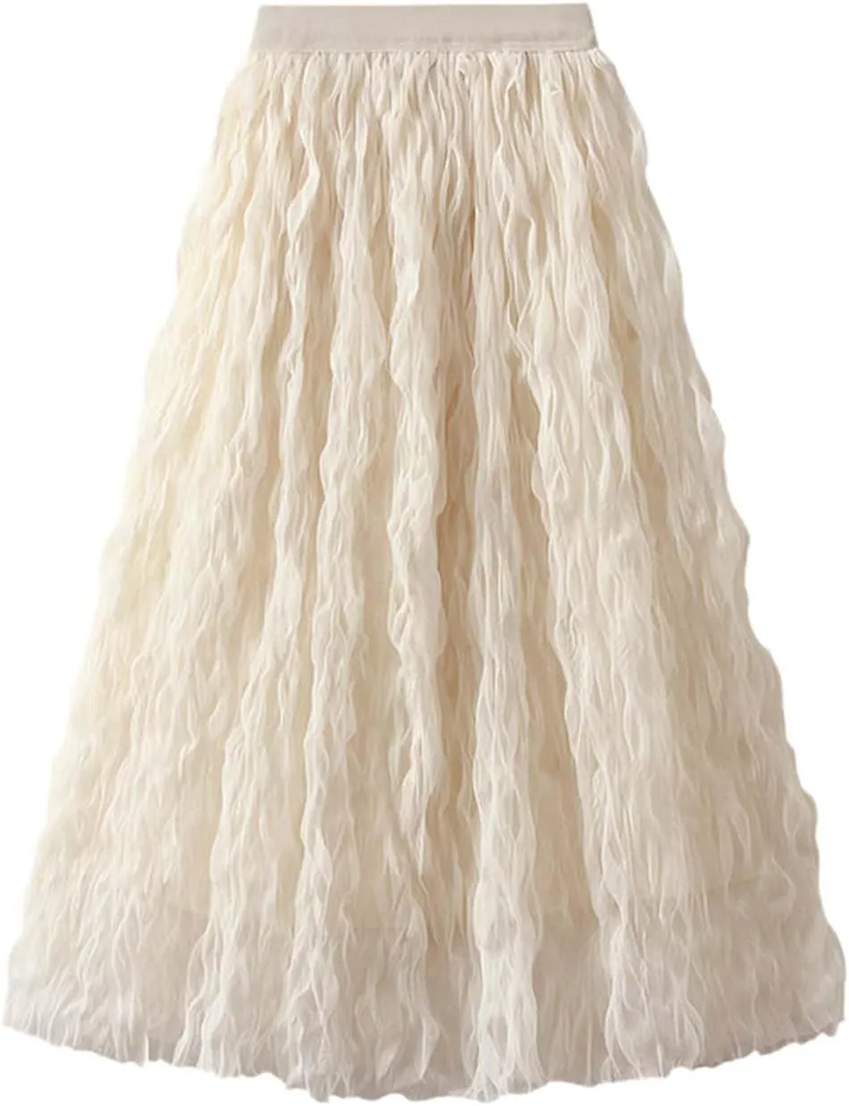 Summer Skirt for Women Trendy High Elastic Waist Lightweight Sheer A-Line Pleated Flared Maxi Shirts Long Streetwear