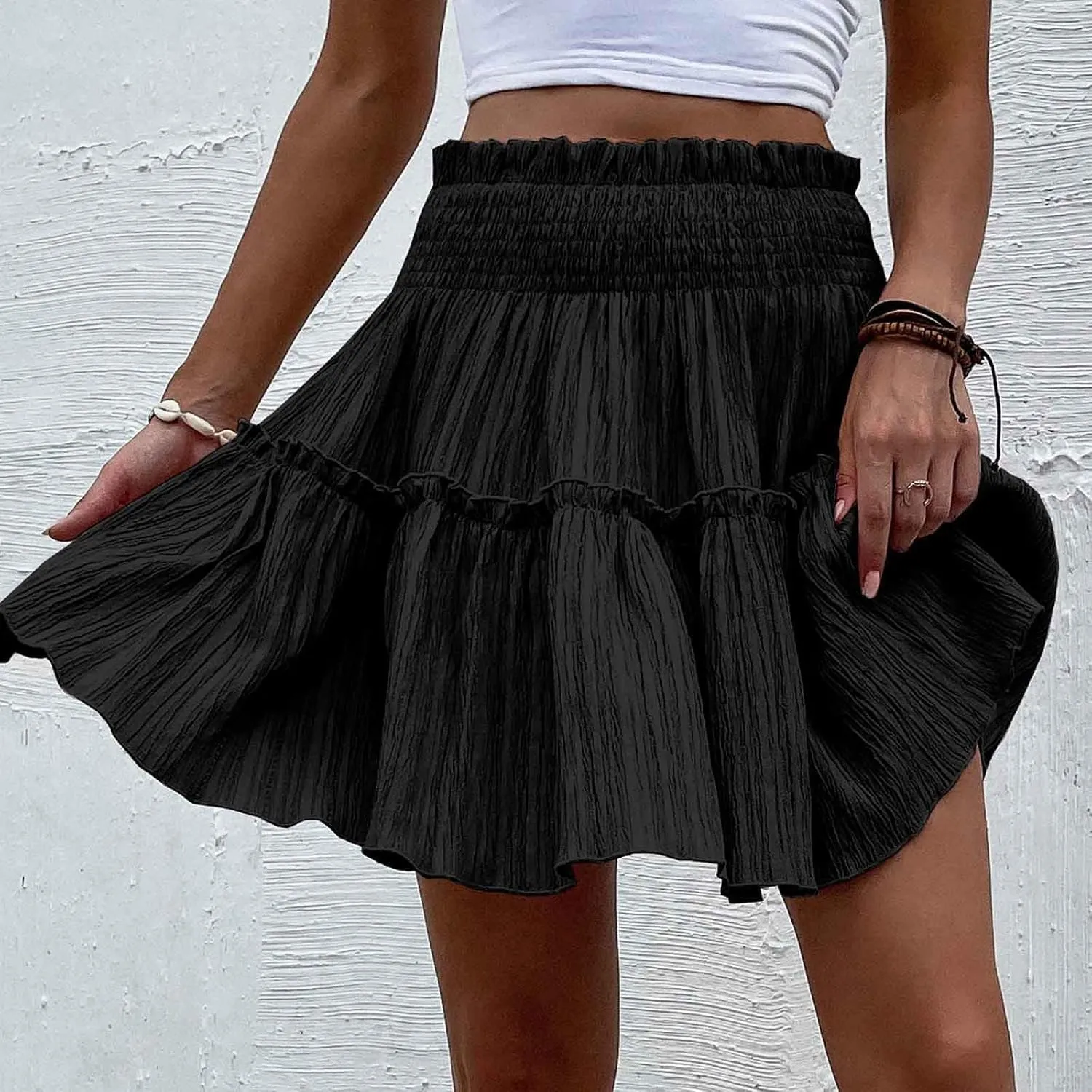 Summer Skirts for Women Flowy Pleated Skirts High Waist Ruffle Skirt Beach Mini Skirts Elastic Waist Vacation Skirts