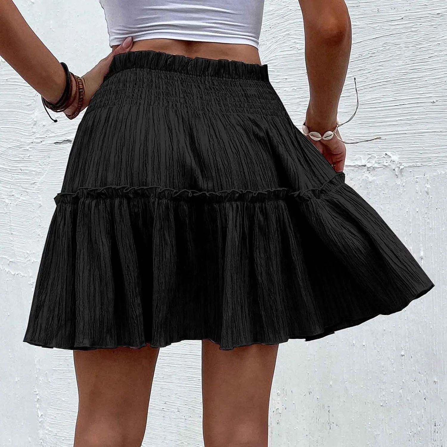 Summer Skirts for Women Flowy Pleated Skirts High Waist Ruffle Skirt Beach Mini Skirts Elastic Waist Vacation Skirts