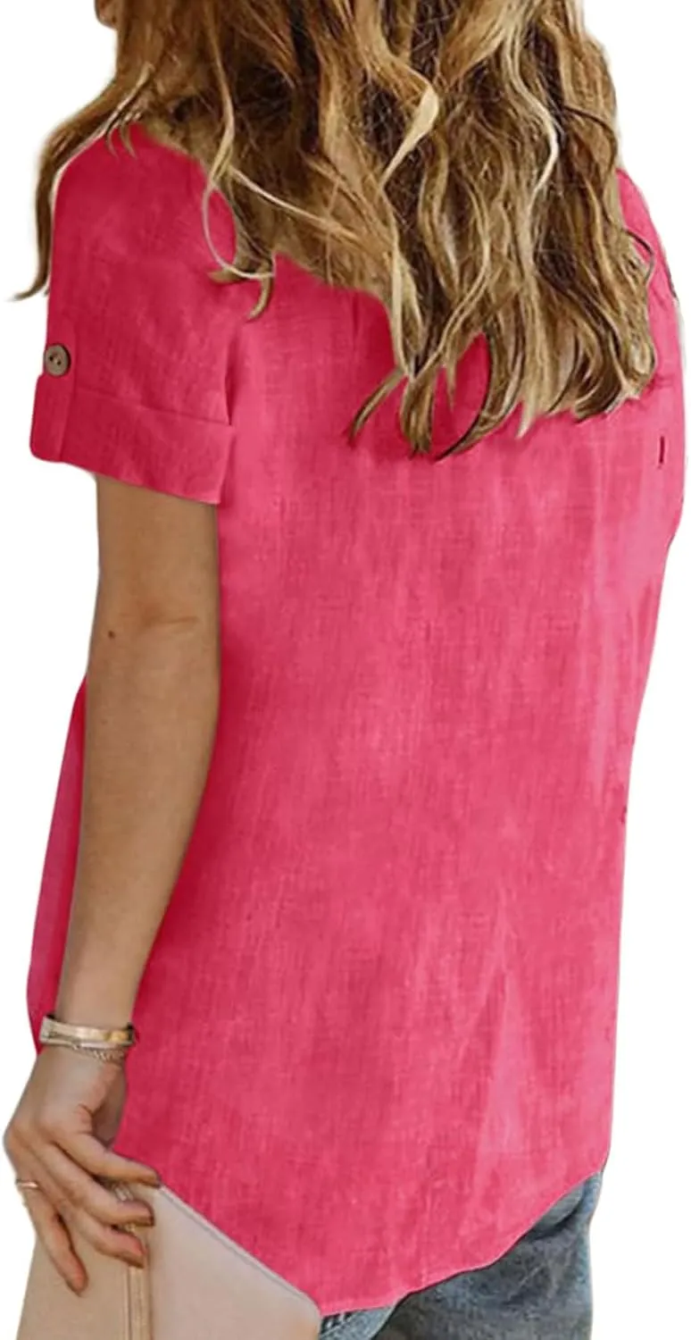 Summer Tops for Women Casual Button Down Linen Tops Fashion V Neck Short Sleeve Shirts Loose Fit Office Work Tees Shirt