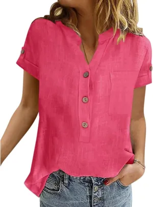 Summer Tops for Women Casual Button Down Linen Tops Fashion V Neck Short Sleeve Shirts Loose Fit Office Work Tees Shirt