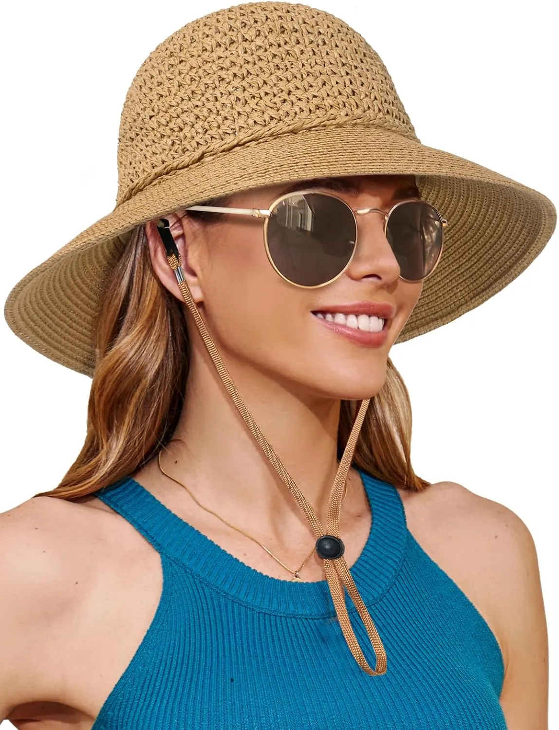 Sun Beach Straw Hats for Women, Summer Packable Crochet Hat, Foldable Wide Brim Straw Bucket Hat