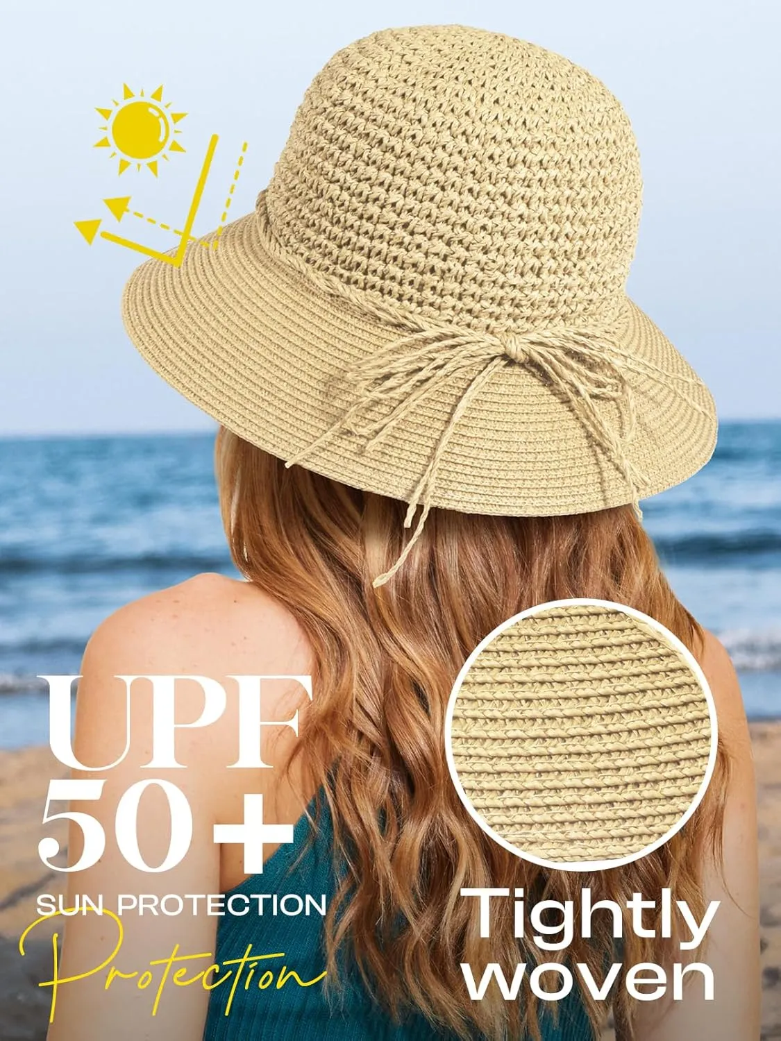Sun Beach Straw Hats for Women, Summer Packable Crochet Hat, Foldable Wide Brim Straw Bucket Hat