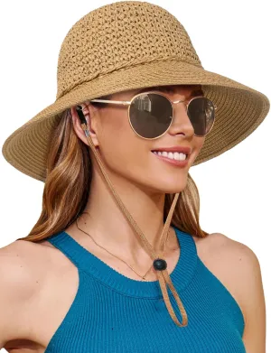 Sun Beach Straw Hats for Women, Summer Packable Crochet Hat, Foldable Wide Brim Straw Bucket Hat