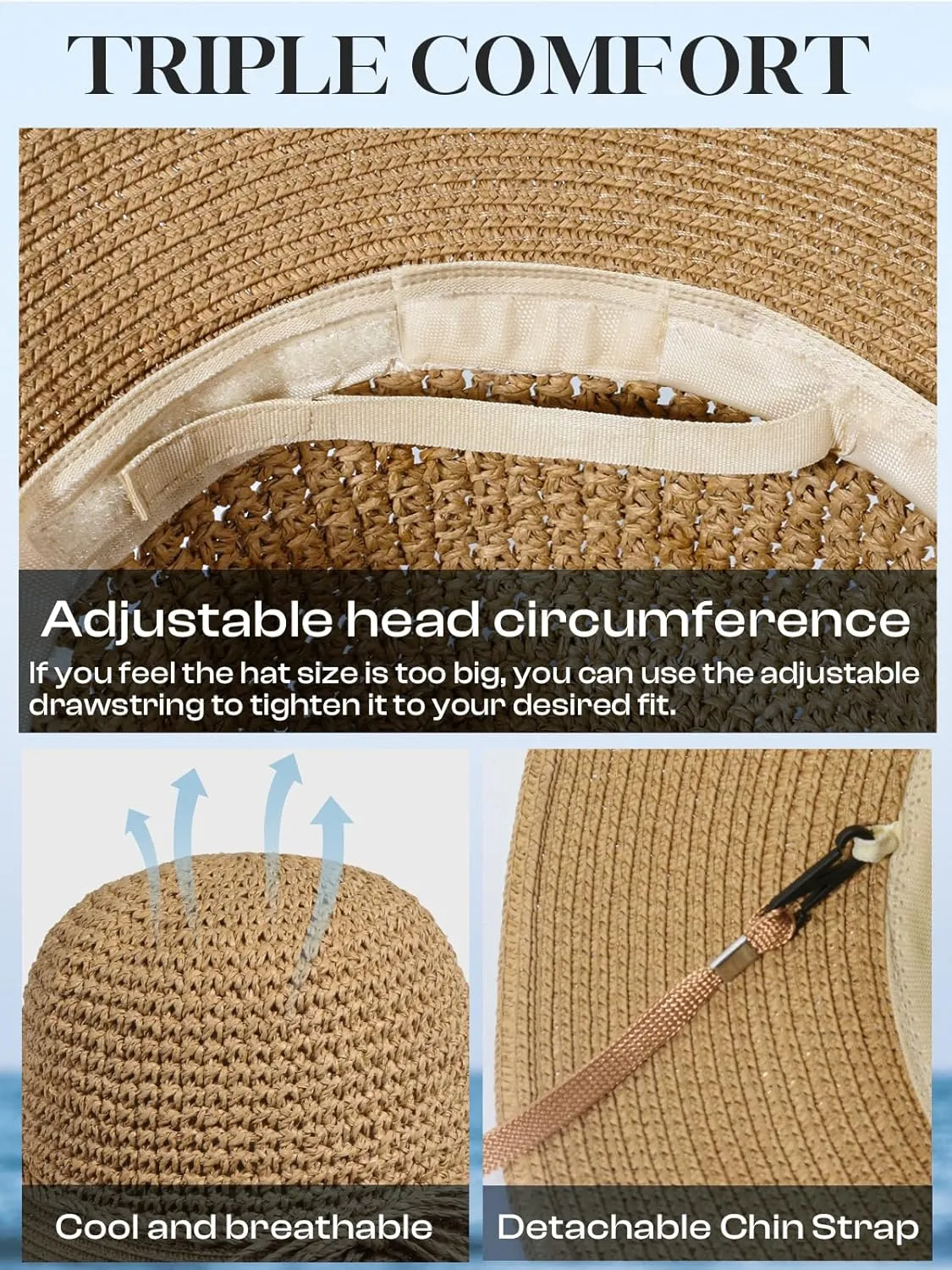Sun Beach Straw Hats for Women, Summer Packable Crochet Hat, Foldable Wide Brim Straw Bucket Hat