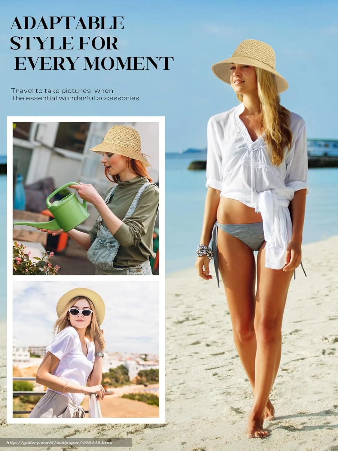 Sun Beach Straw Hats for Women, Summer Packable Crochet Hat, Foldable Wide Brim Straw Bucket Hat