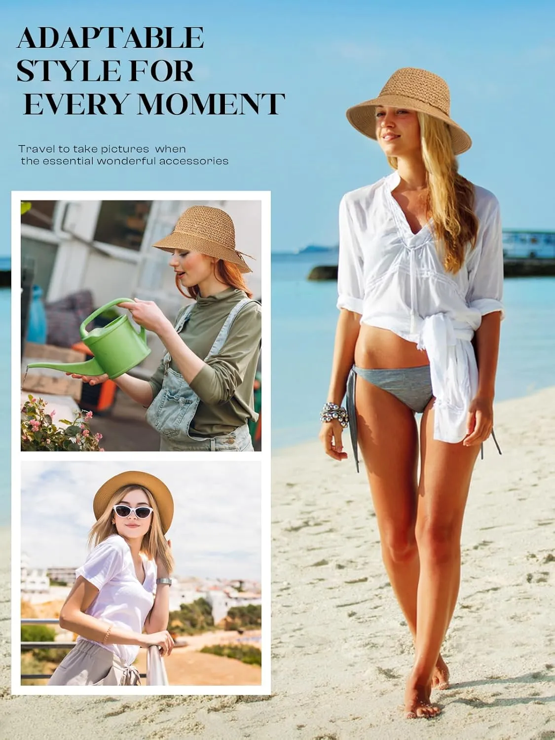 Sun Beach Straw Hats for Women, Summer Packable Crochet Hat, Foldable Wide Brim Straw Bucket Hat