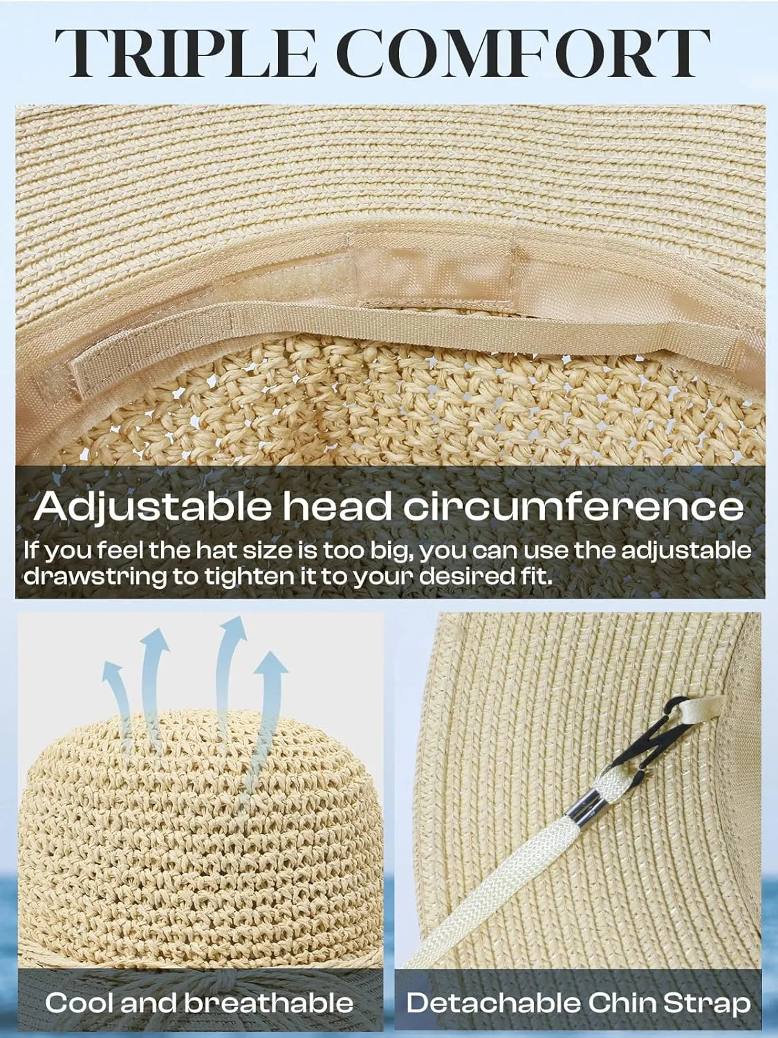 Sun Beach Straw Hats for Women, Summer Packable Crochet Hat, Foldable Wide Brim Straw Bucket Hat
