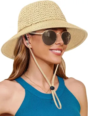 Sun Beach Straw Hats for Women, Summer Packable Crochet Hat, Foldable Wide Brim Straw Bucket Hat
