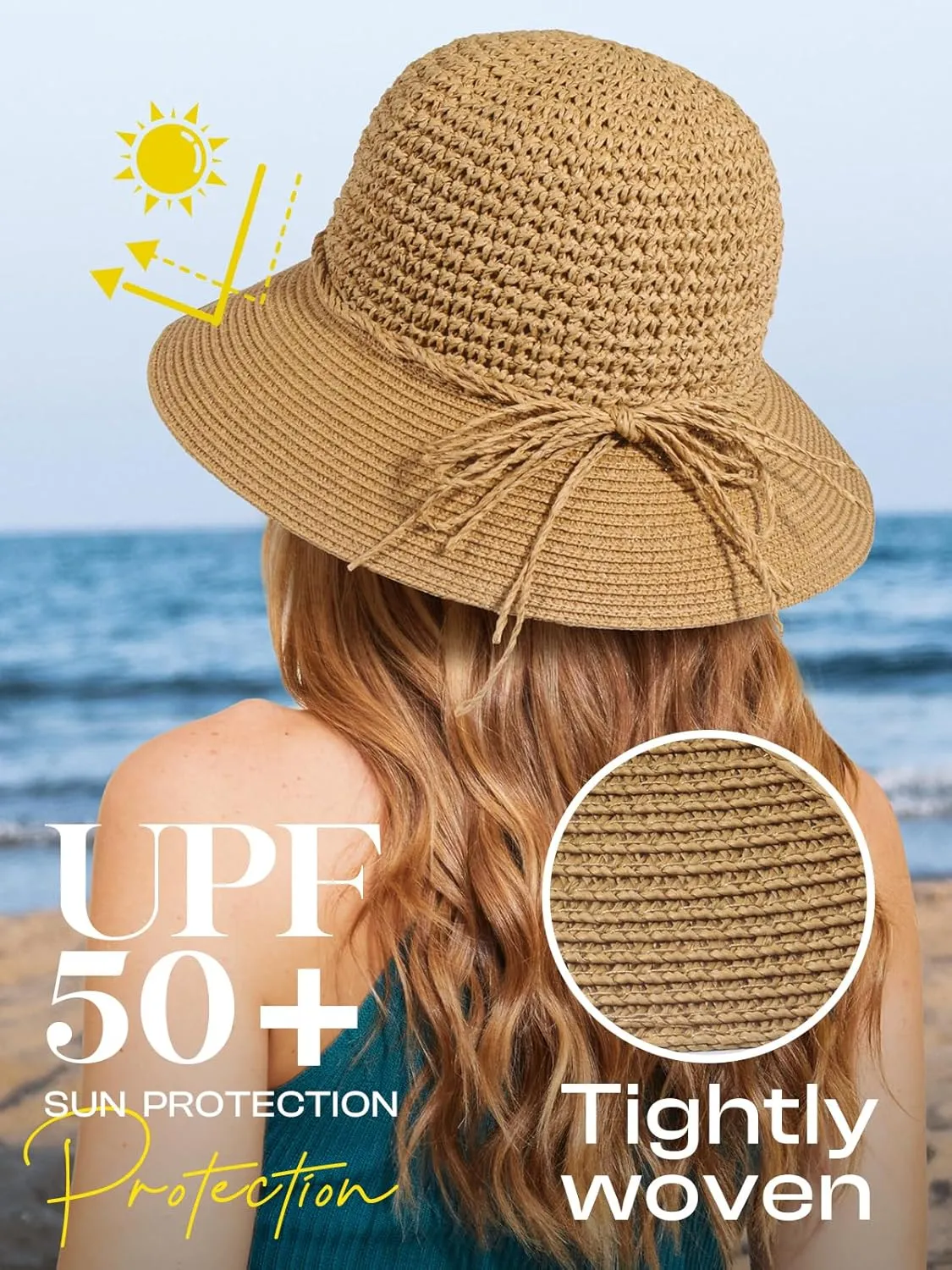 Sun Beach Straw Hats for Women, Summer Packable Crochet Hat, Foldable Wide Brim Straw Bucket Hat