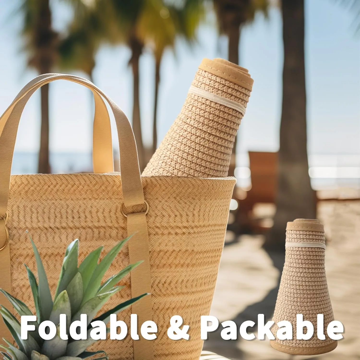 Sun Hats for Women Straw Roll-Up Beach Wide Brim Visor UV UPF Packable Foldable Travel Hat