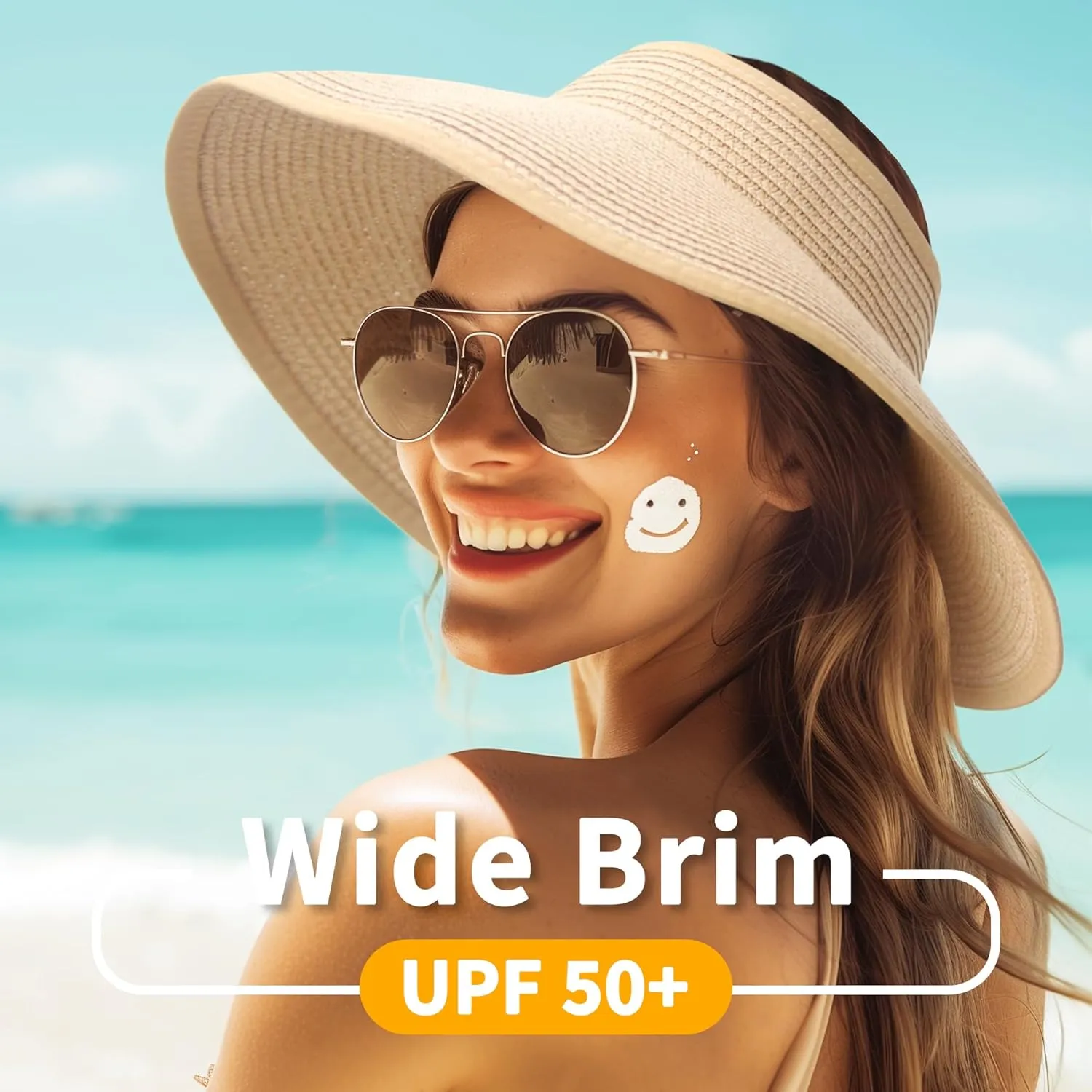 Sun Hats for Women Straw Roll-Up Beach Wide Brim Visor UV UPF Packable Foldable Travel Hat
