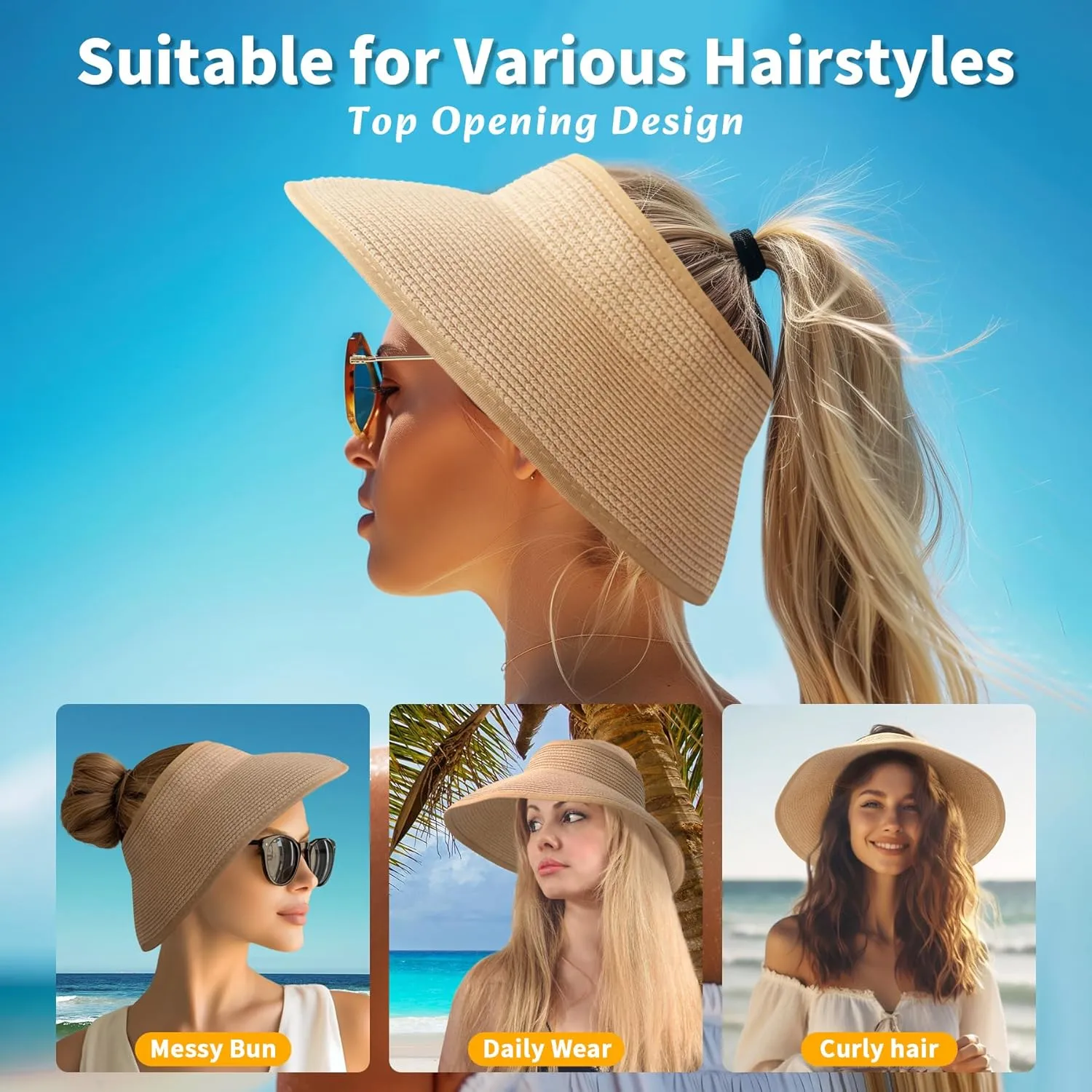 Sun Hats for Women Straw Roll-Up Beach Wide Brim Visor UV UPF Packable Foldable Travel Hat