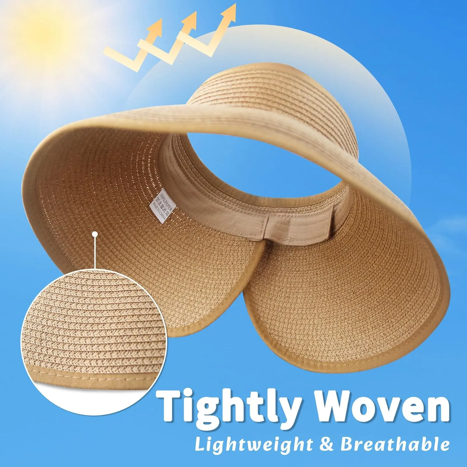 Sun Hats for Women Straw Roll-Up Beach Wide Brim Visor UV UPF Packable Foldable Travel Hat