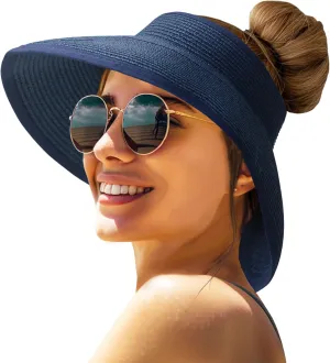 Sun Hats for Women Straw Roll-Up Beach Wide Brim Visor UV UPF Packable Foldable Travel Hat
