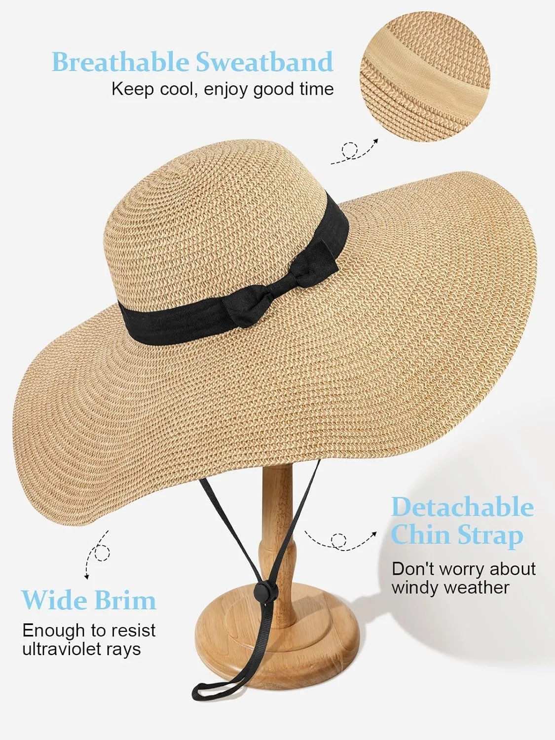 Sun Hats for Women, UV Protection Floppy Straw Beach Summer Wide Brim Hat Foldable Roll-Up Travel Vacation UPF 50 