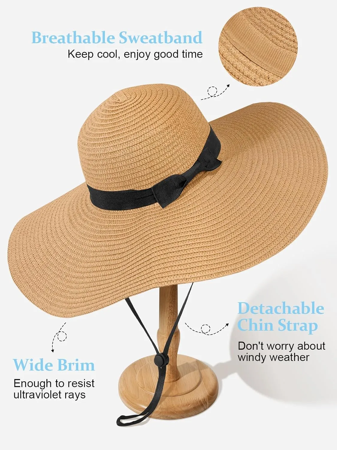 Sun Hats for Women, UV Protection Floppy Straw Beach Summer Wide Brim Hat Foldable Roll-Up Travel Vacation UPF 50 