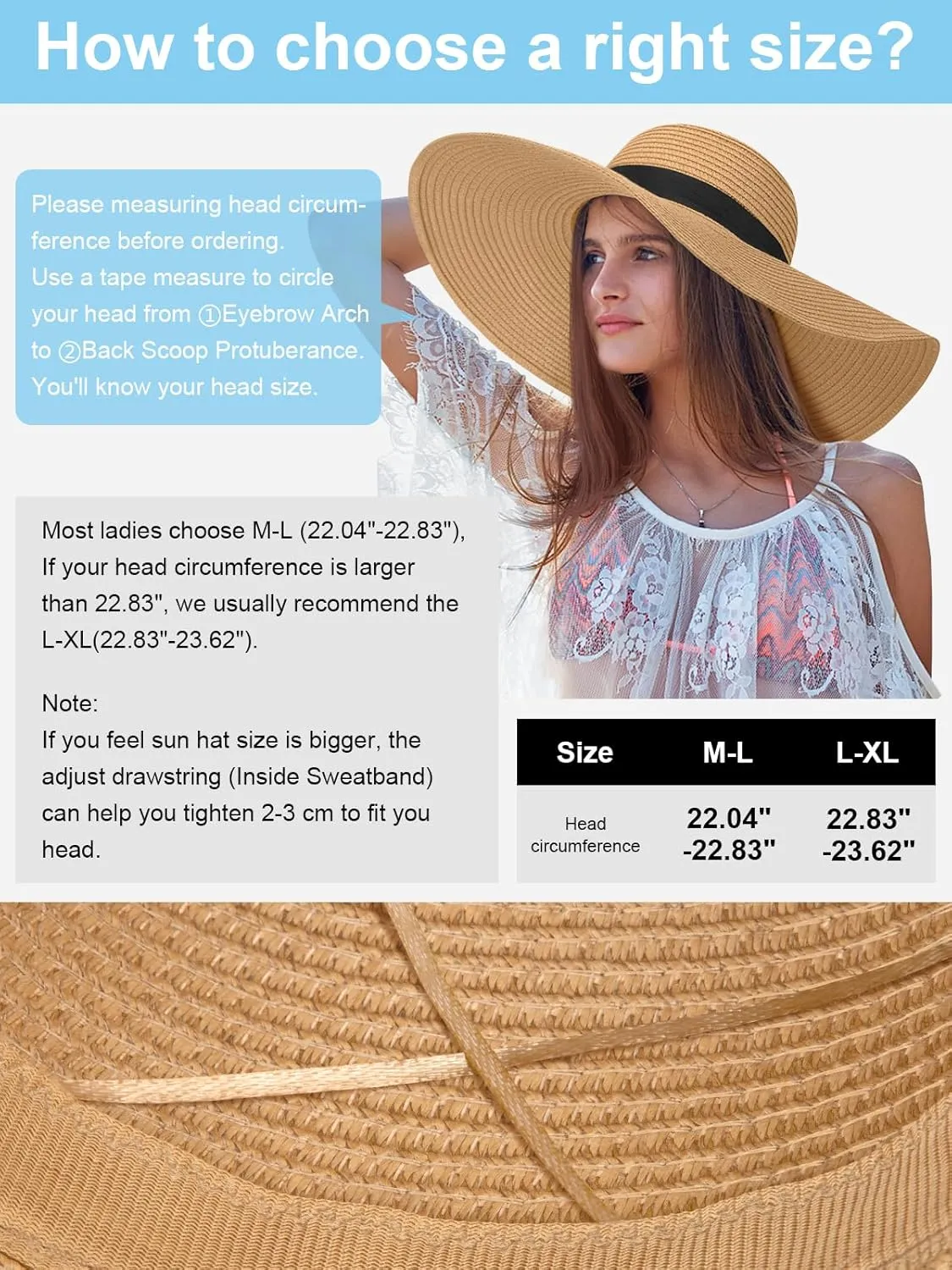 Sun Hats for Women, UV Protection Floppy Straw Beach Summer Wide Brim Hat Foldable Roll-Up Travel Vacation UPF 50 