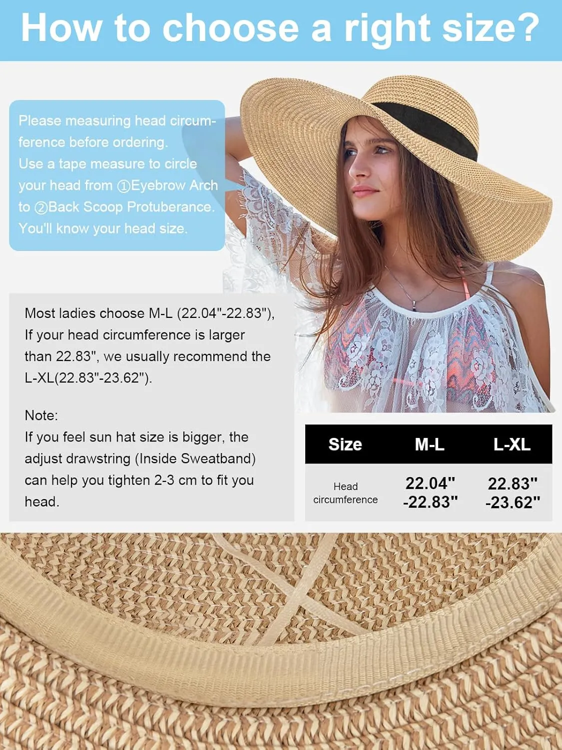 Sun Hats for Women, UV Protection Floppy Straw Beach Summer Wide Brim Hat Foldable Roll-Up Travel Vacation UPF 50 