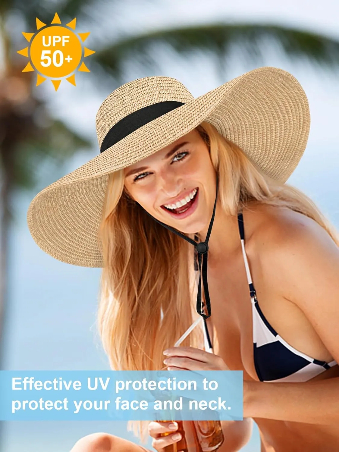Sun Hats for Women, UV Protection Floppy Straw Beach Summer Wide Brim Hat Foldable Roll-Up Travel Vacation UPF 50 