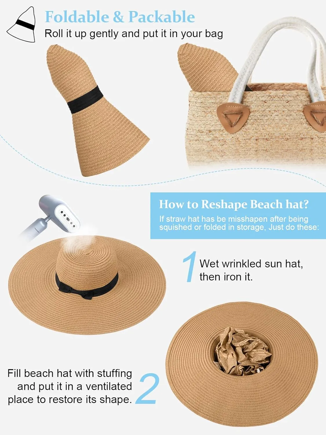 Sun Hats for Women, UV Protection Floppy Straw Beach Summer Wide Brim Hat Foldable Roll-Up Travel Vacation UPF 50 