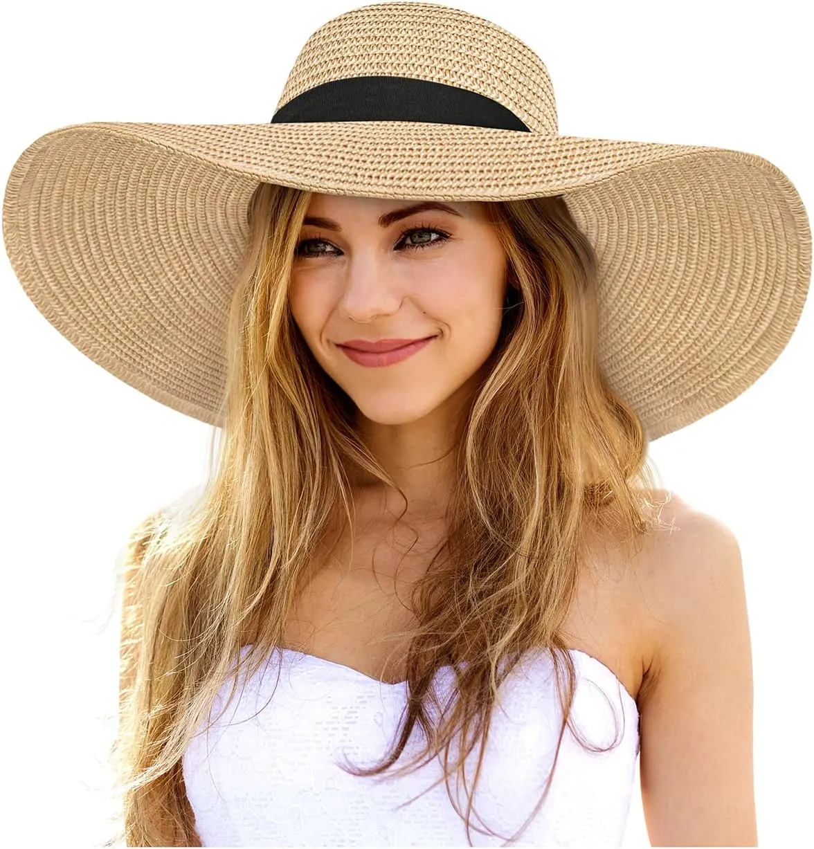 Sun Hats for Women, UV Protection Floppy Straw Beach Summer Wide Brim Hat Foldable Roll-Up Travel Vacation UPF 50 