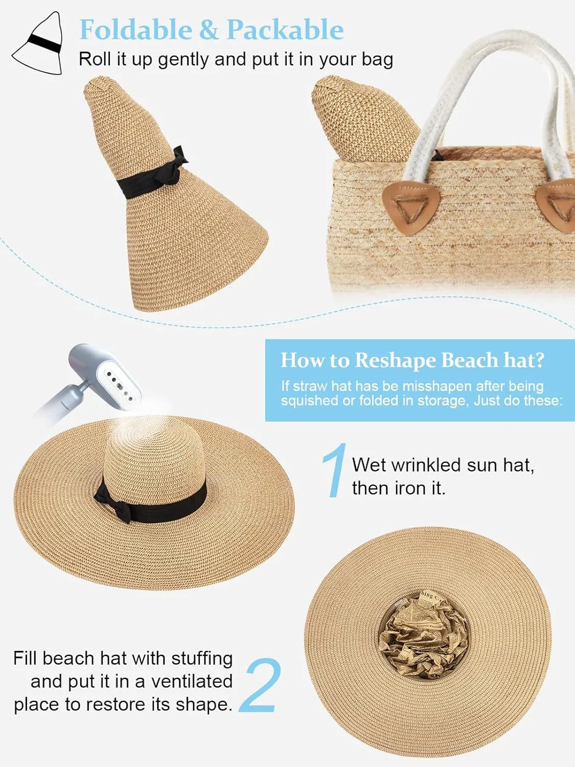 Sun Hats for Women, UV Protection Floppy Straw Beach Summer Wide Brim Hat Foldable Roll-Up Travel Vacation UPF 50 