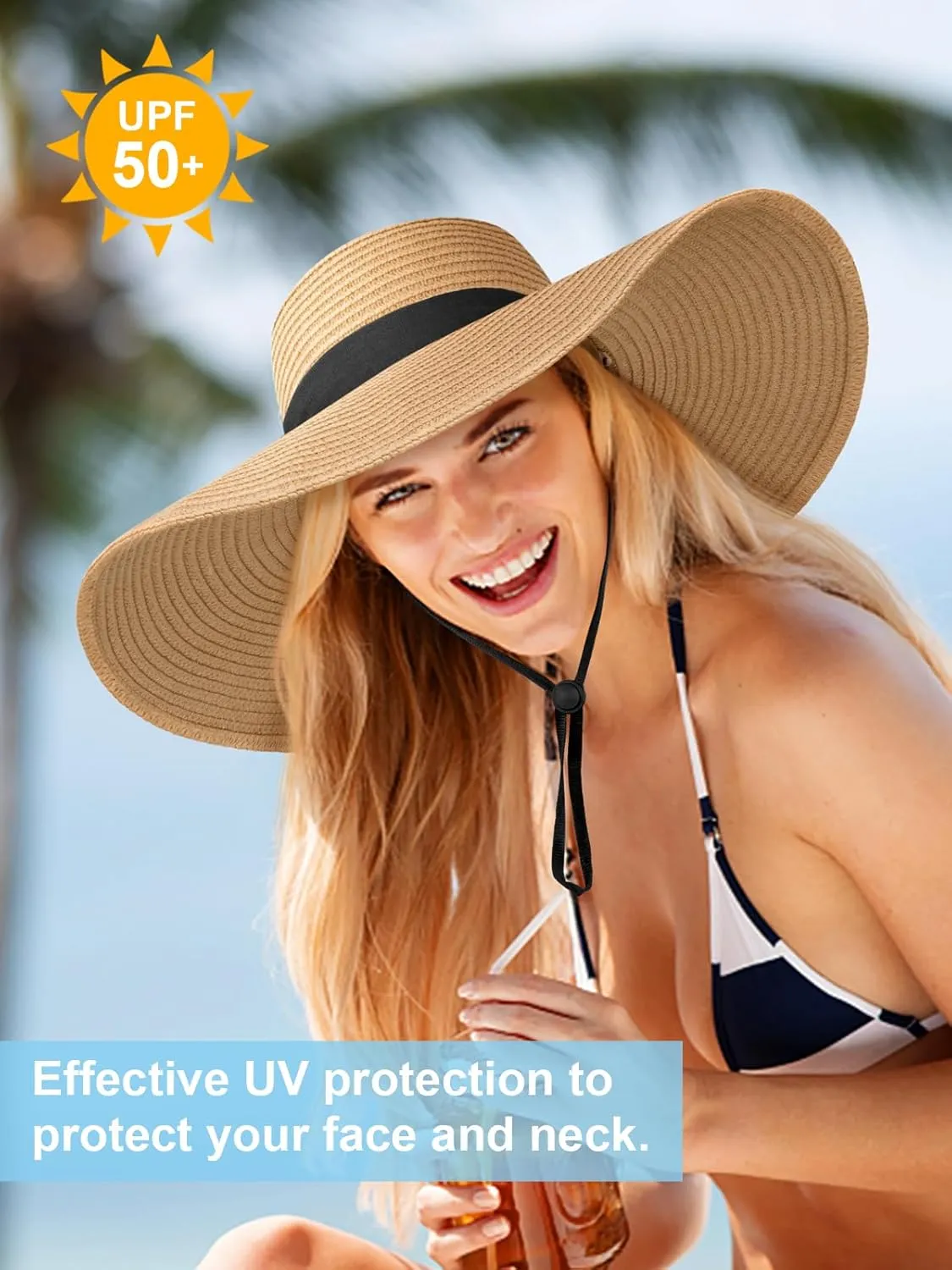 Sun Hats for Women, UV Protection Floppy Straw Beach Summer Wide Brim Hat Foldable Roll-Up Travel Vacation UPF 50 
