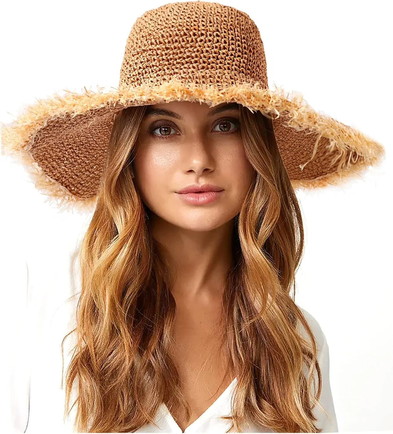 Sun Hats Women Straw Hats Wide Brim Summer Beach Hats Foldable Fringed Floppy Fedora Hats Summer Vacation Accessory