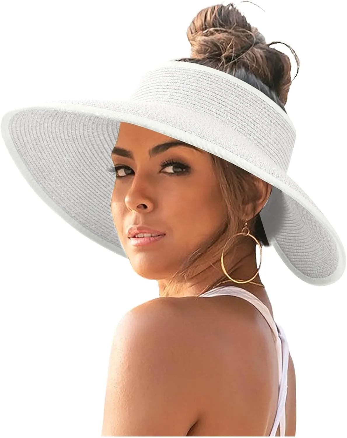 Sun Visor Hats for Women Wide Brim Straw Roll-Up Ponytail Summer Beach Hat UV UPF Packable Foldable Travel