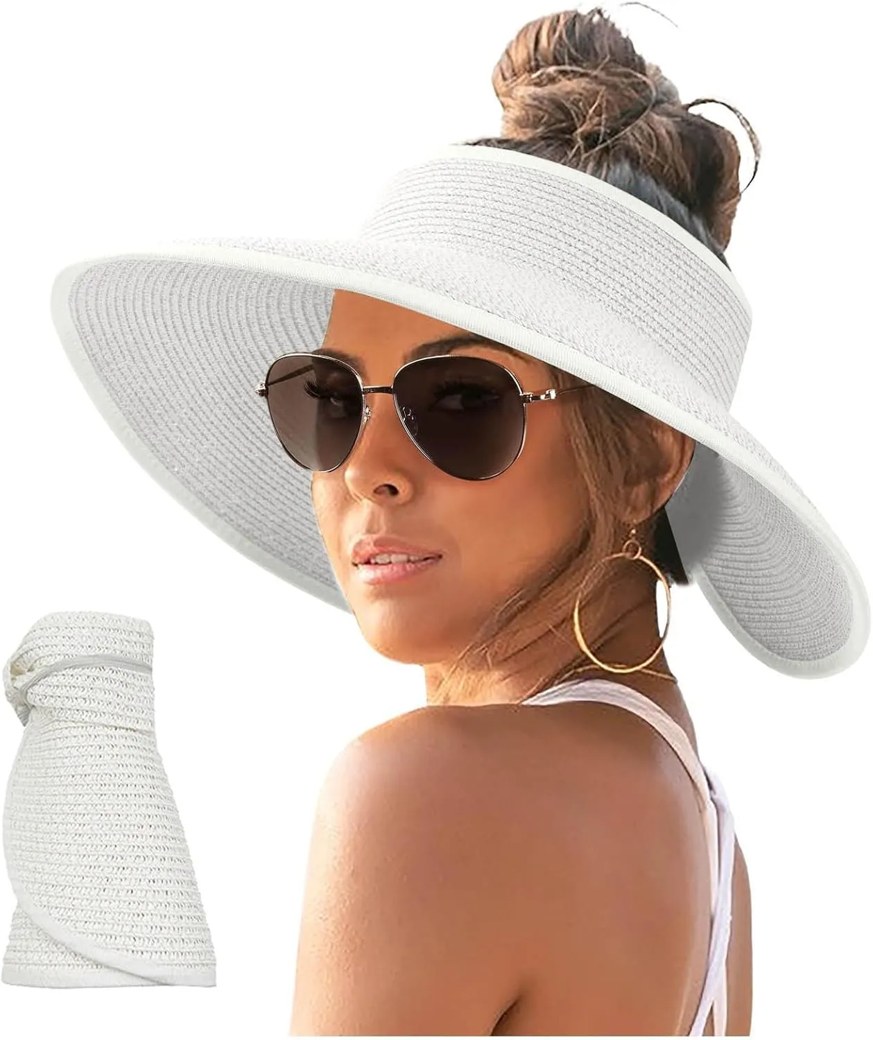 Sun Visor Hats for Women Wide Brim Straw Roll-Up Ponytail Summer Beach Hat UV UPF Packable Foldable Travel