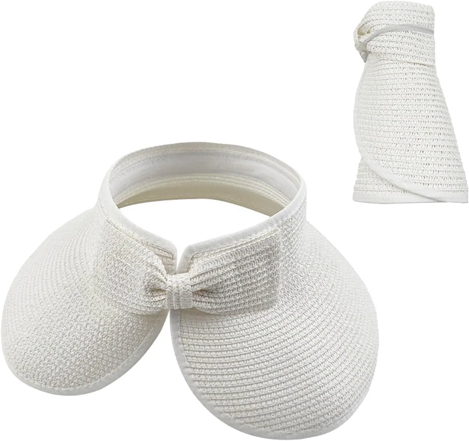 Sun Visor Hats for Women Wide Brim Straw Roll-Up Ponytail Summer Beach Hat UV UPF Packable Foldable Travel