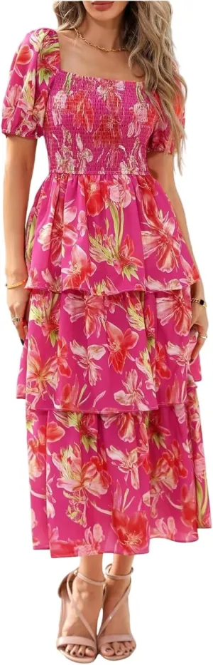 Tiered Maxi Dresses for Women 2025 Casual Boho Summer Dress Cute Long Floral Dresses Square Neck Short Sleeve Dress